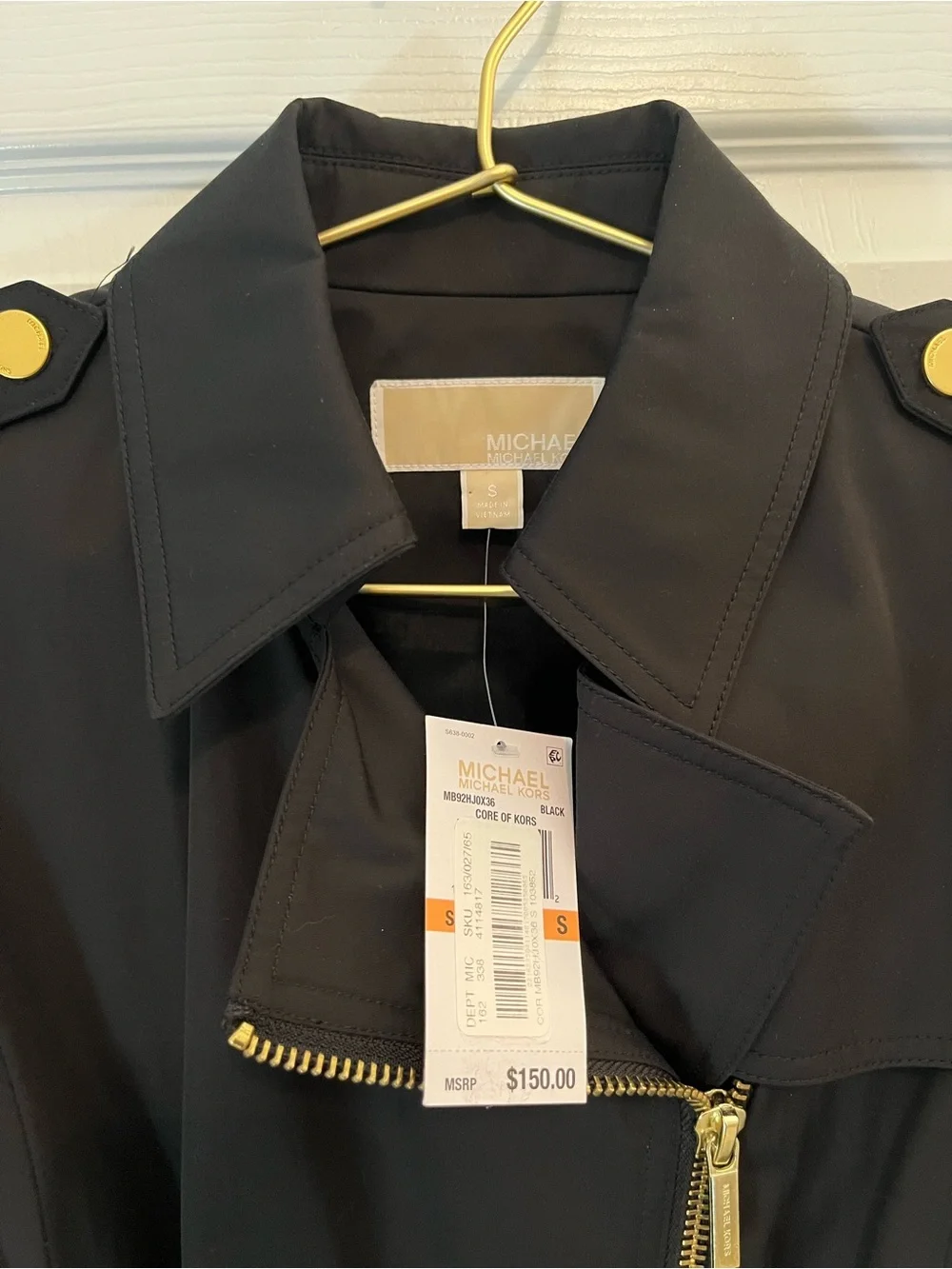 NWT Michael Michael Kors Black Belted Moto Trench Coat Gold Hardware Size S
